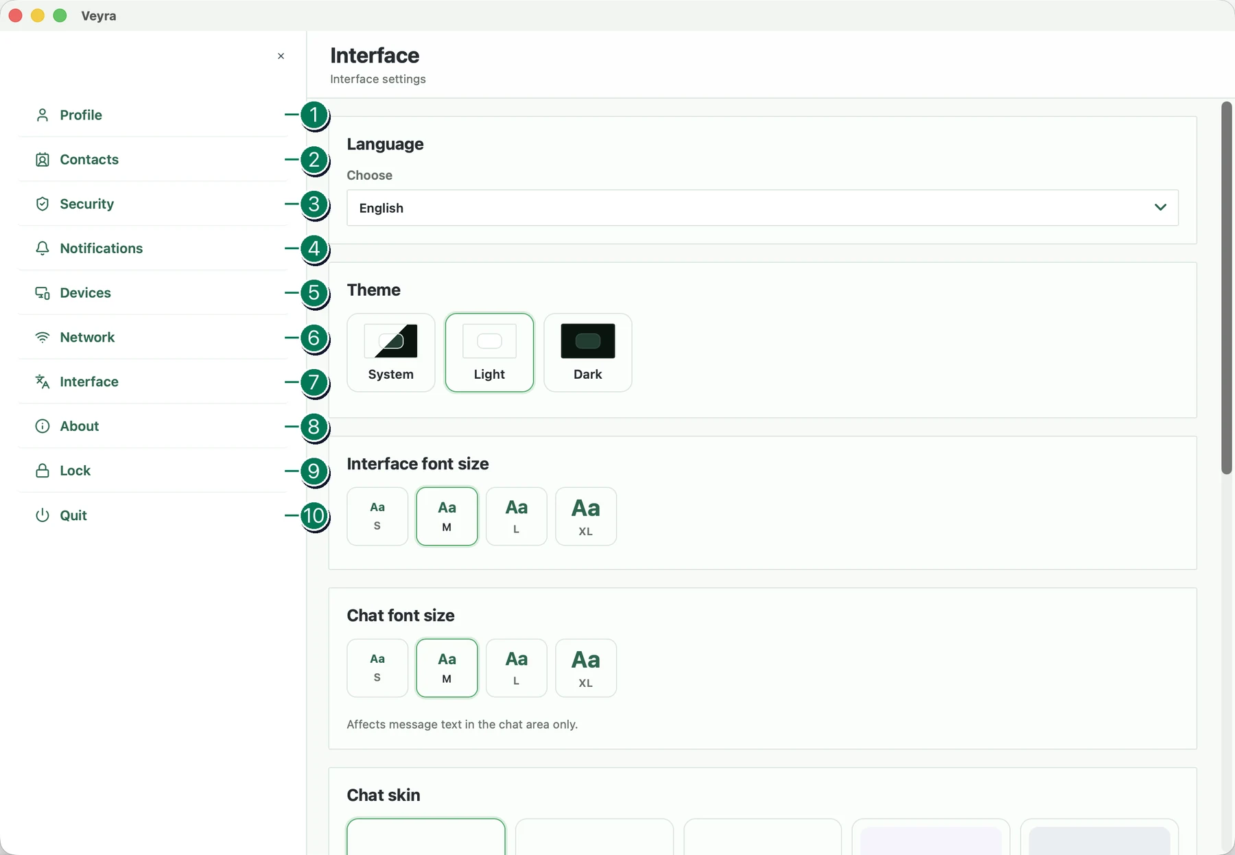 Veyra main menu with ten numbered items