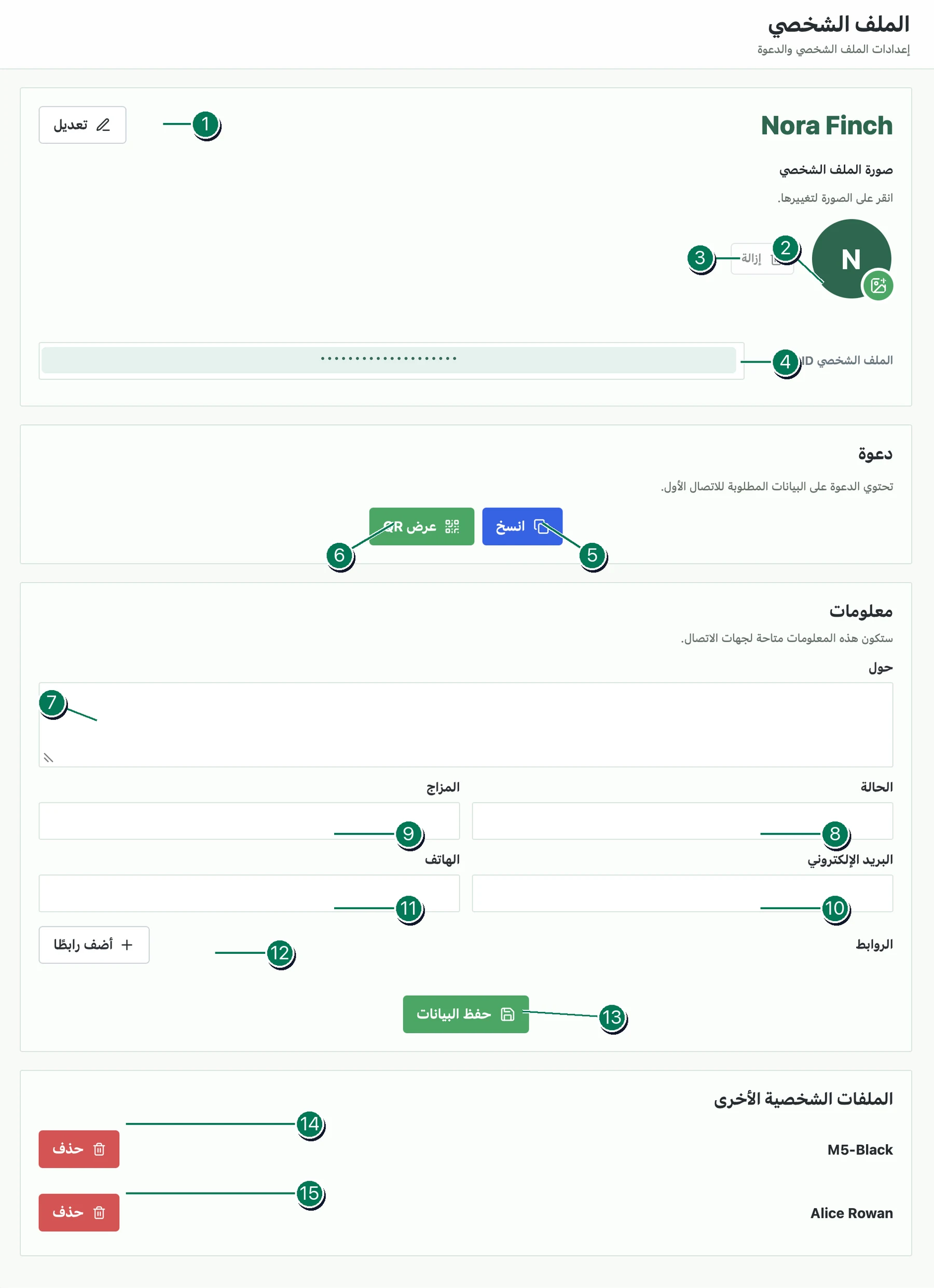 صفحة الملف الشخصي Veyra مع إعدادات وعناصر تحكم مرقمة