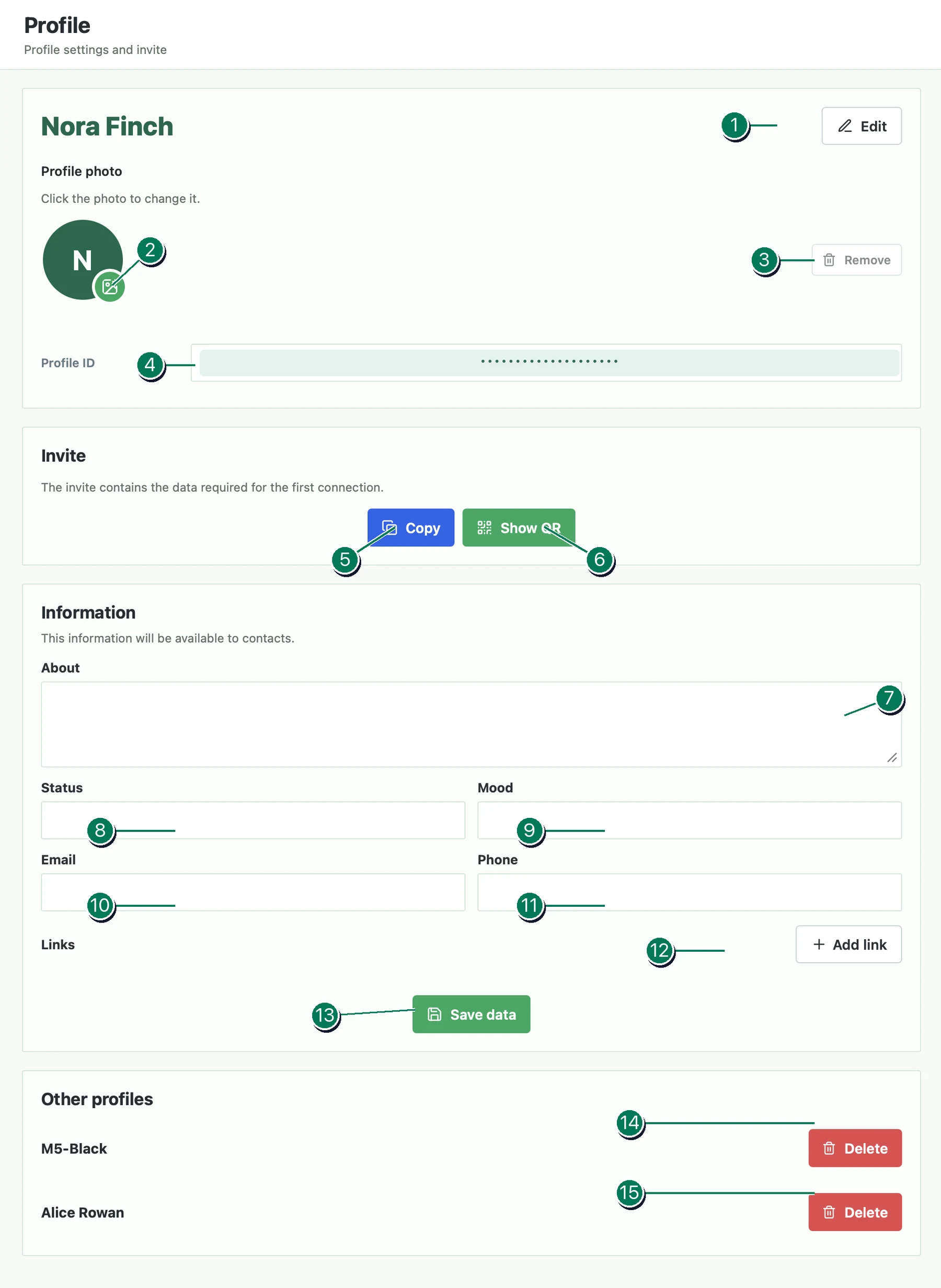 Veyra profile page with numbered settings and controls