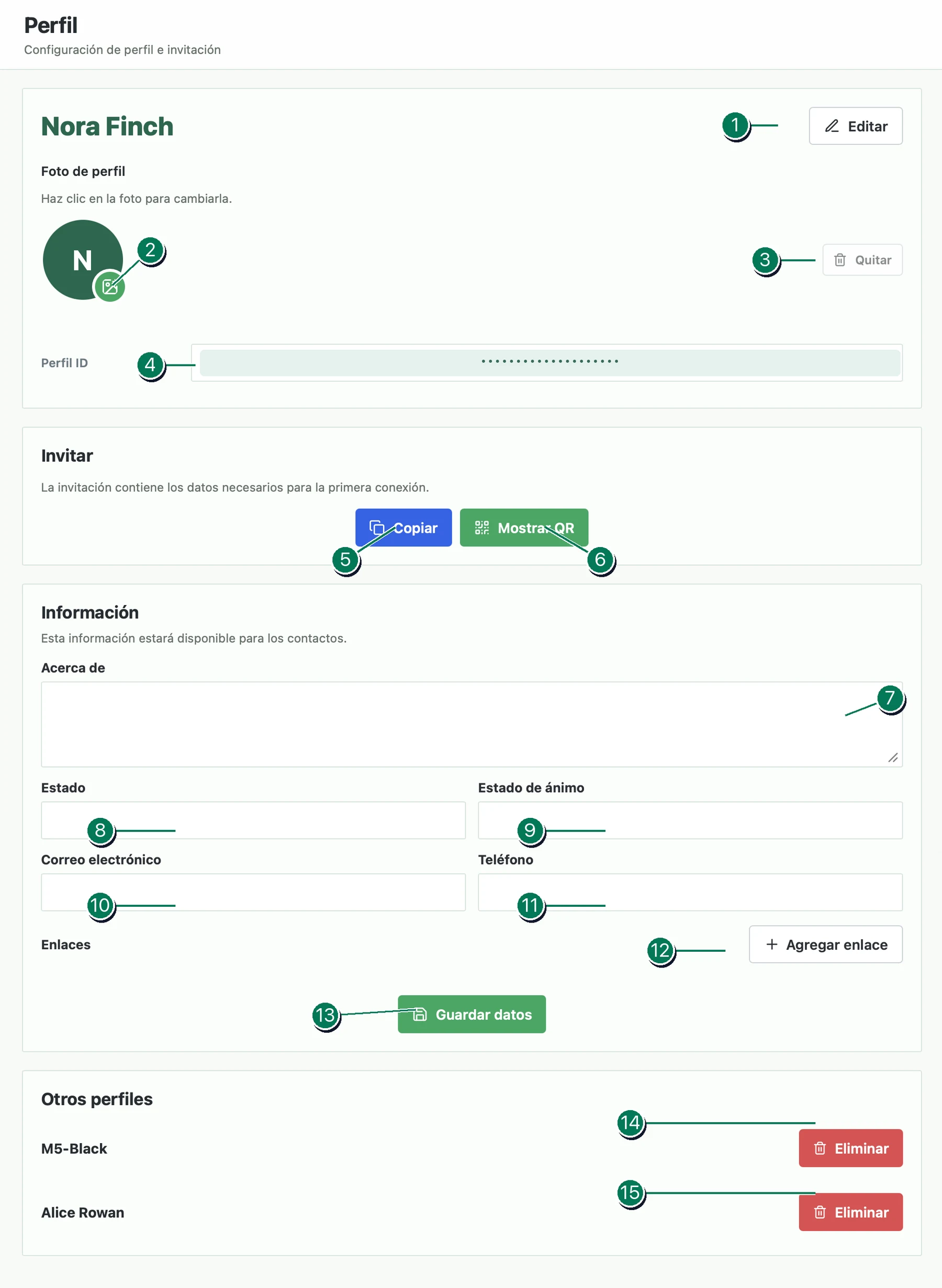 Página de perfil de Veyra con configuraciones y controles numerados