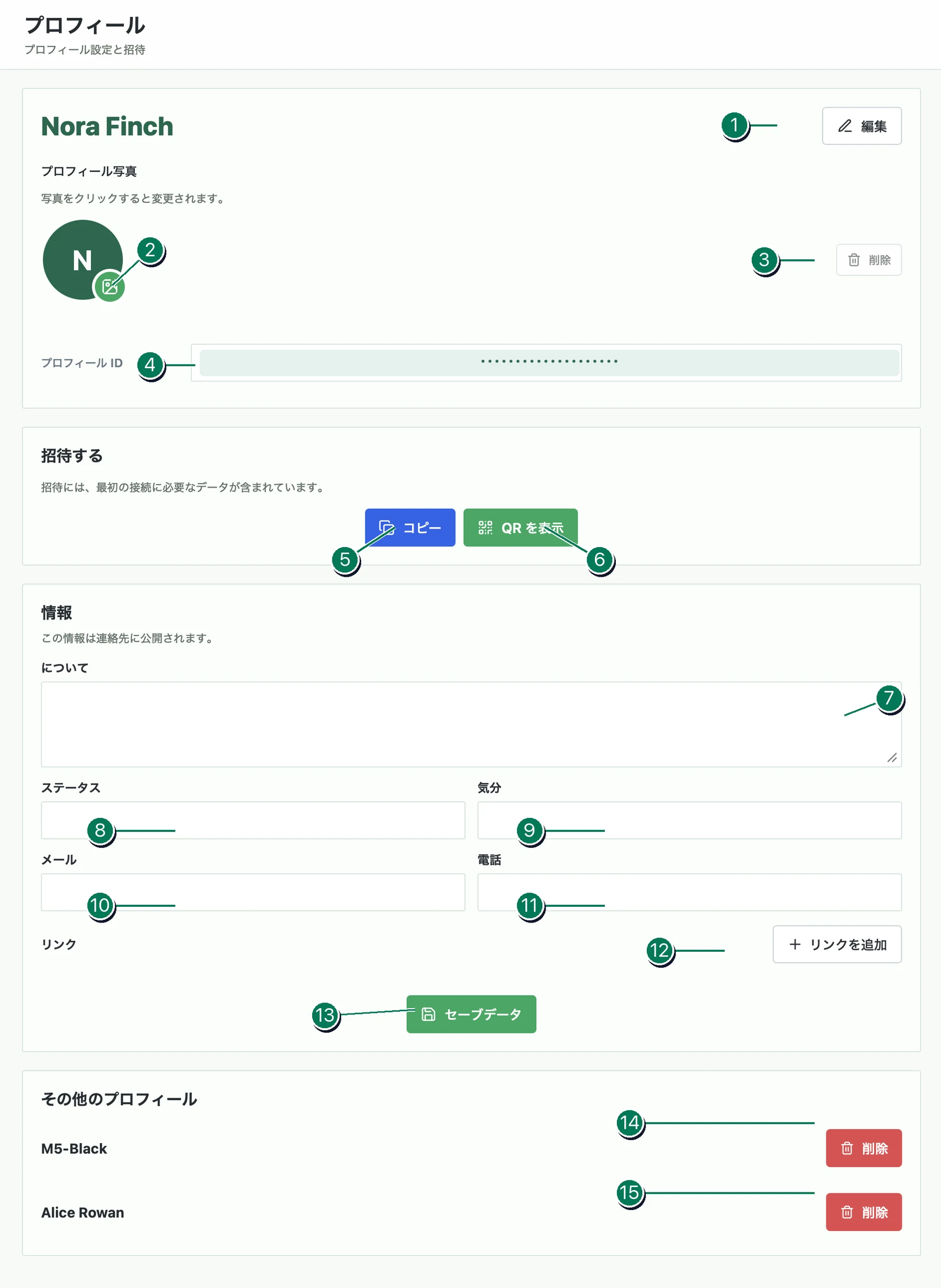番号付きの設定とコントロールを含む Veyra プロフィール ページ