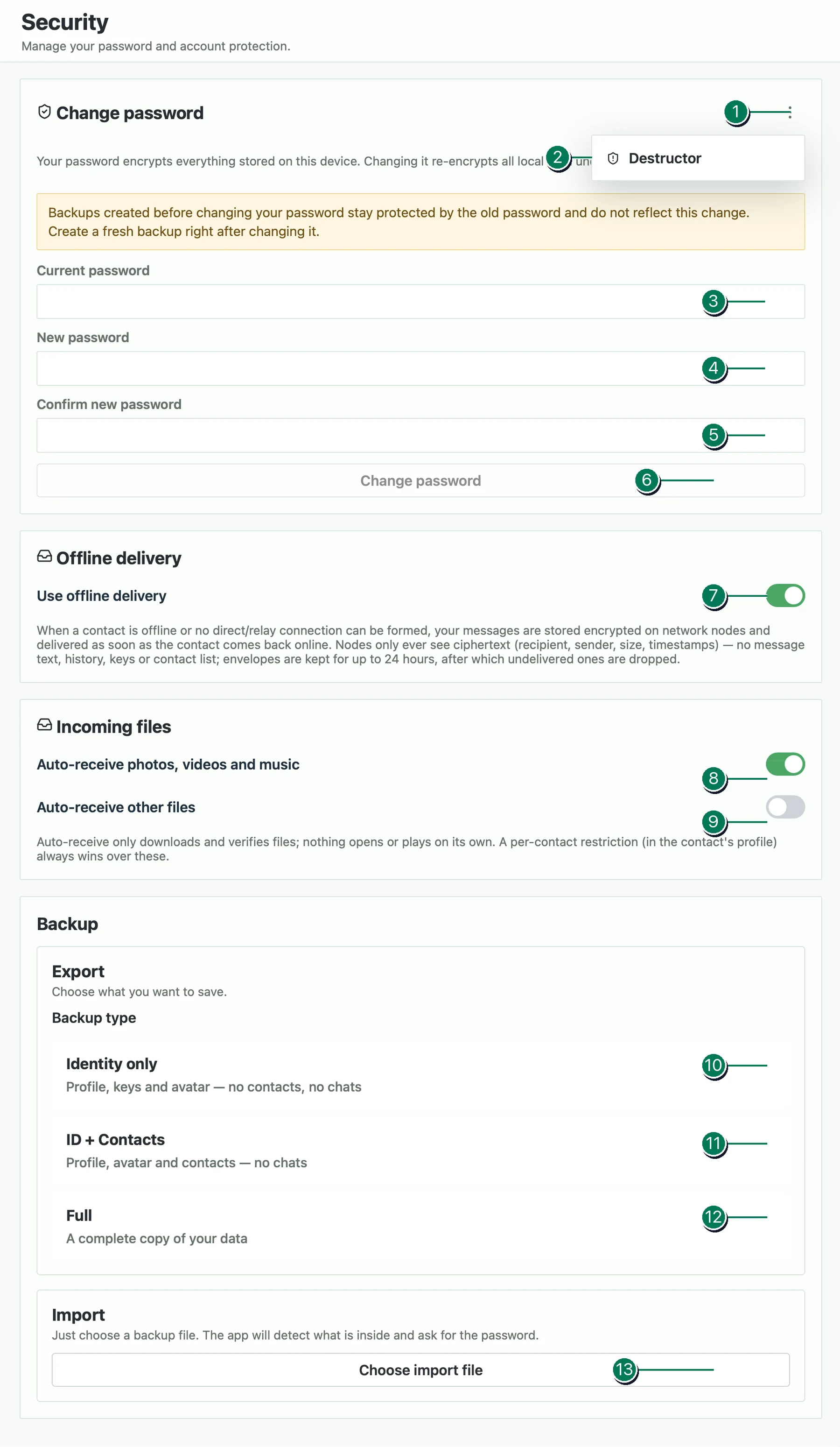 Veyra security settings with numbered controls