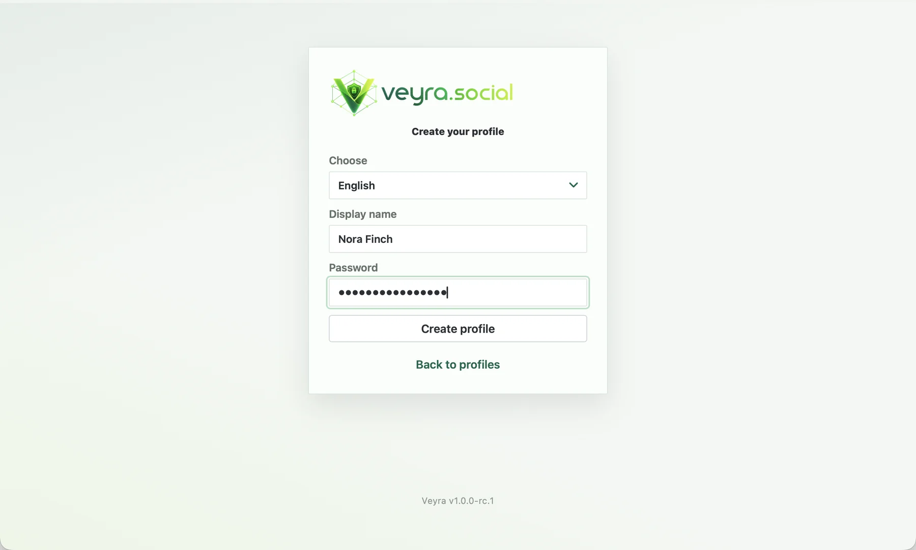 Veyra profile screen: Russian language selected, name and password entered