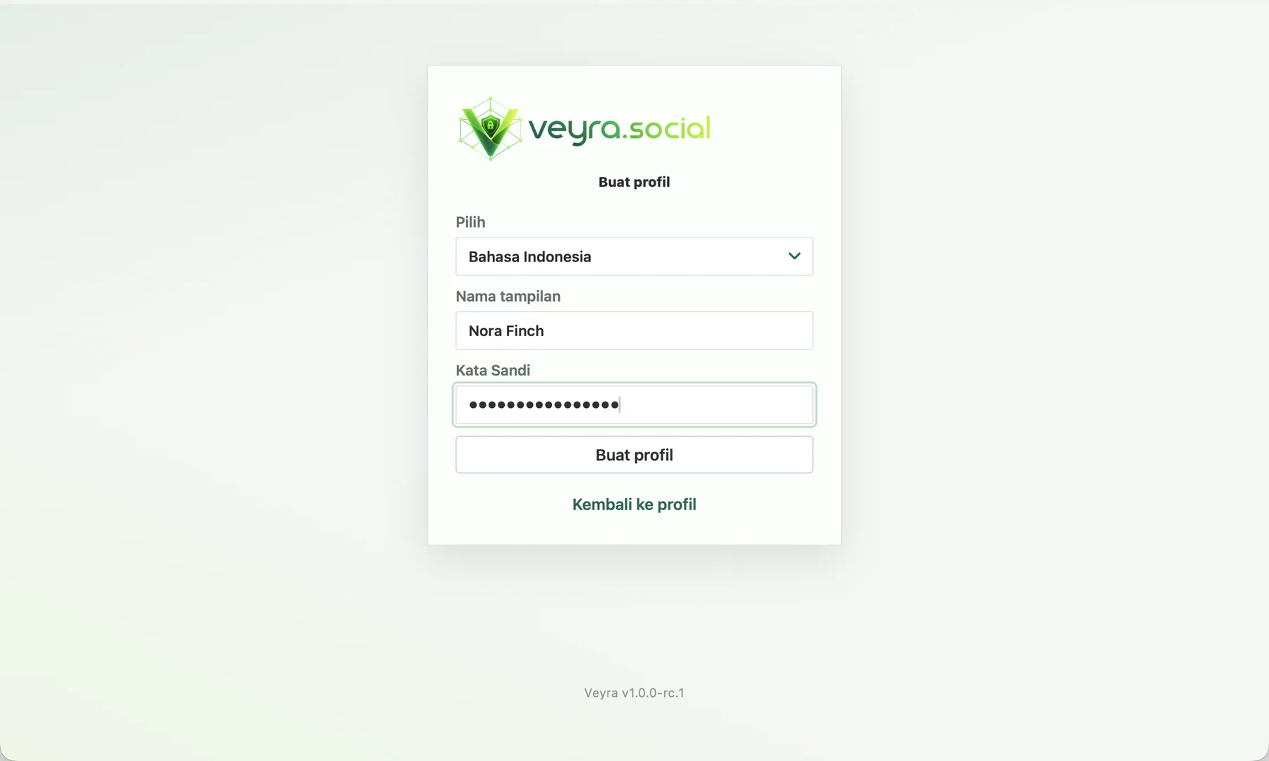 Veyra Profile Screen: Pilih bahasa Rusia, masukkan nama dan kata sandi