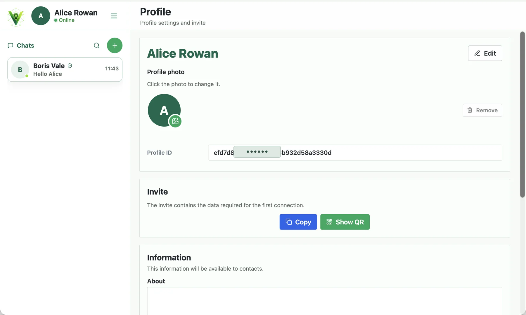 Veyra profile with partially hidden ID and QR Copy and View buttons