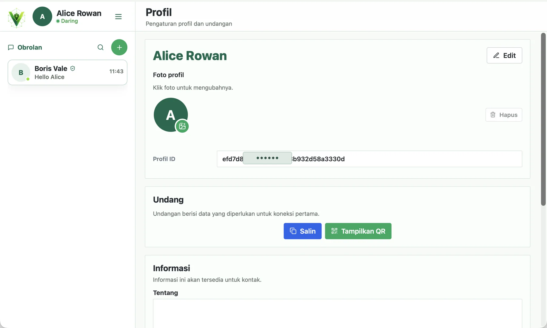 Profil Veyra dengan ID tersembunyi dan tombol Salin dan Tampilkan QR