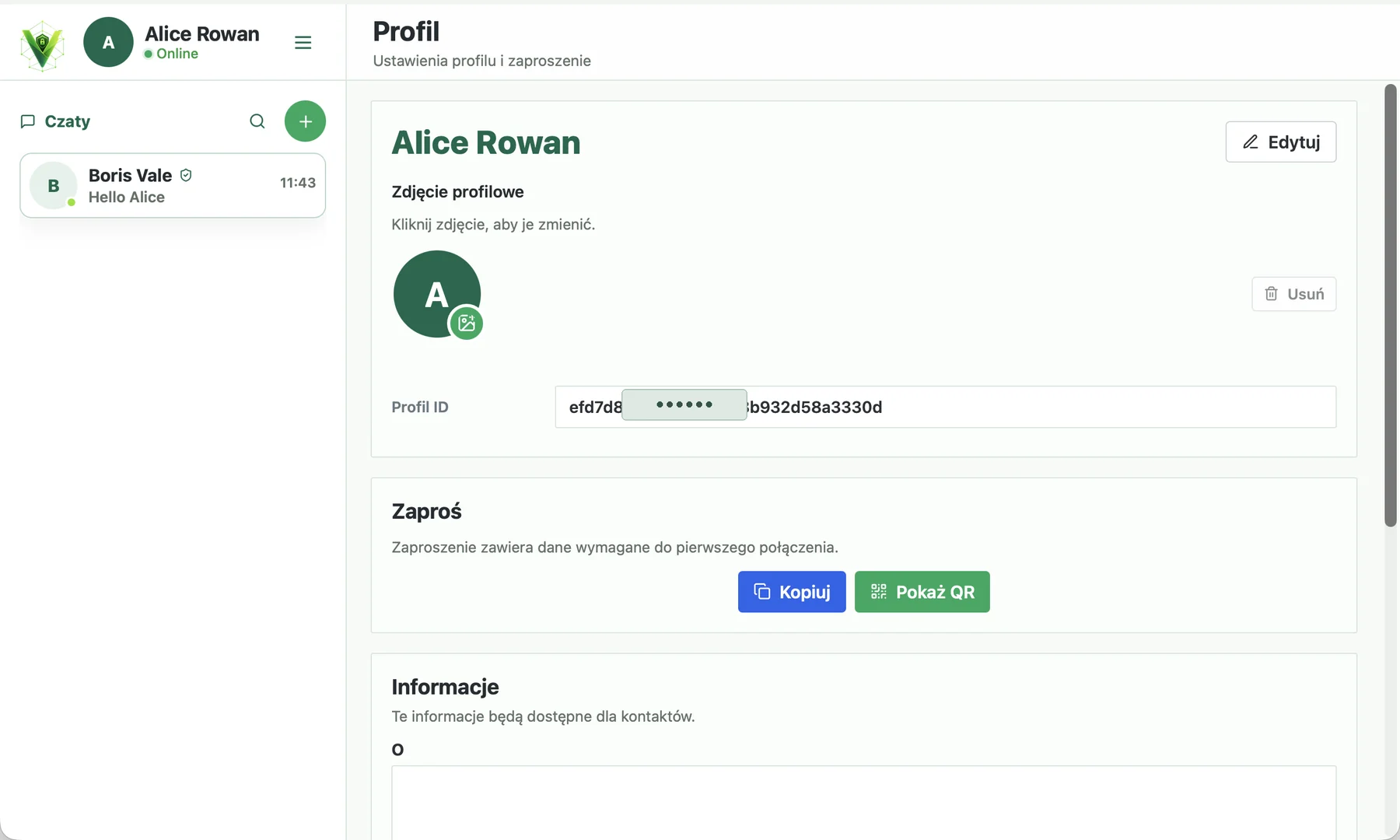 Profil Veyra z częściowo ukrytym ID i przyciskami Kopiowanie i wyświetlanie QR