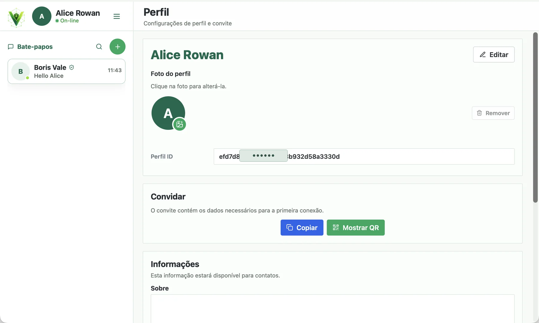 Perfil de Veyra com ID parcialmente oculto e botões para copiar e mostrar QR