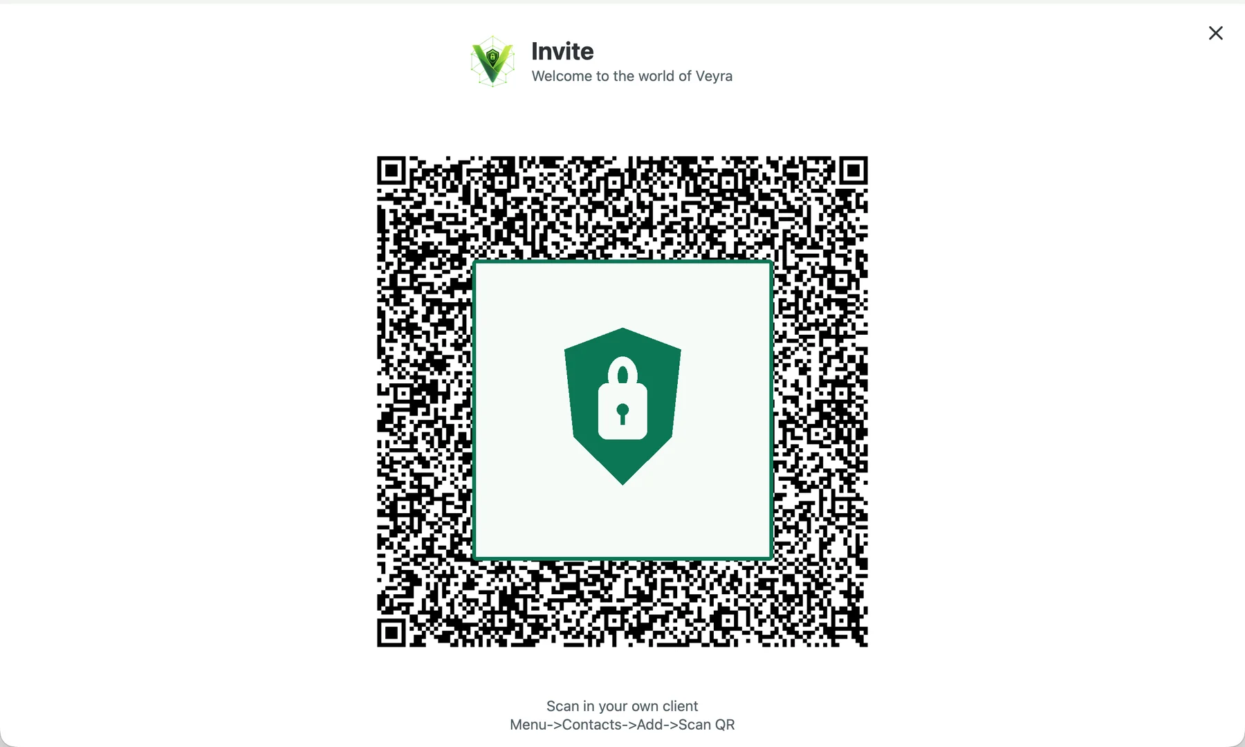 Veyra's full-screen QR-code invitation with a protection block above the code