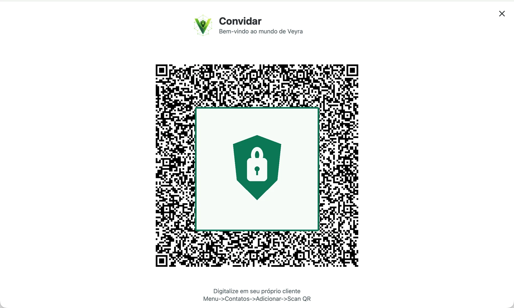 Convite de tela completa do Veyra em código QR com um bloco de proteção acima do código