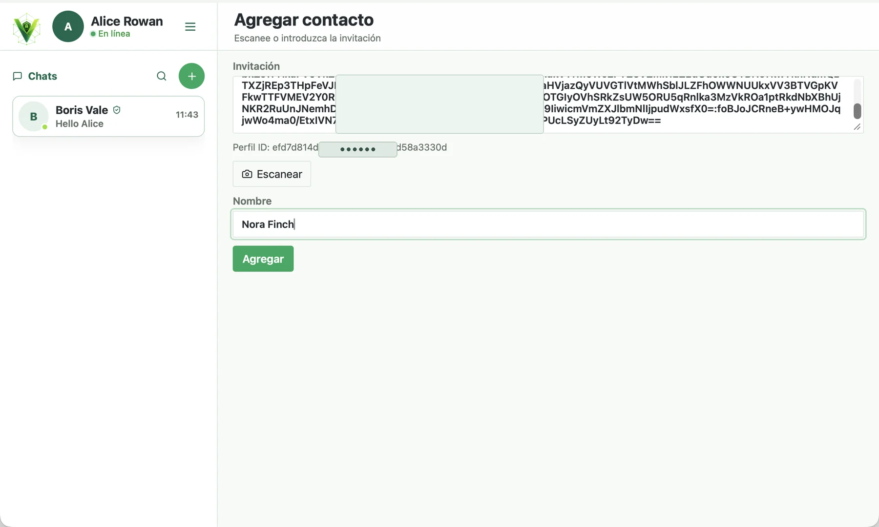 pantalla para agregar el contacto de Veyra con una invitación parcialmente oculta e ID de perfil
