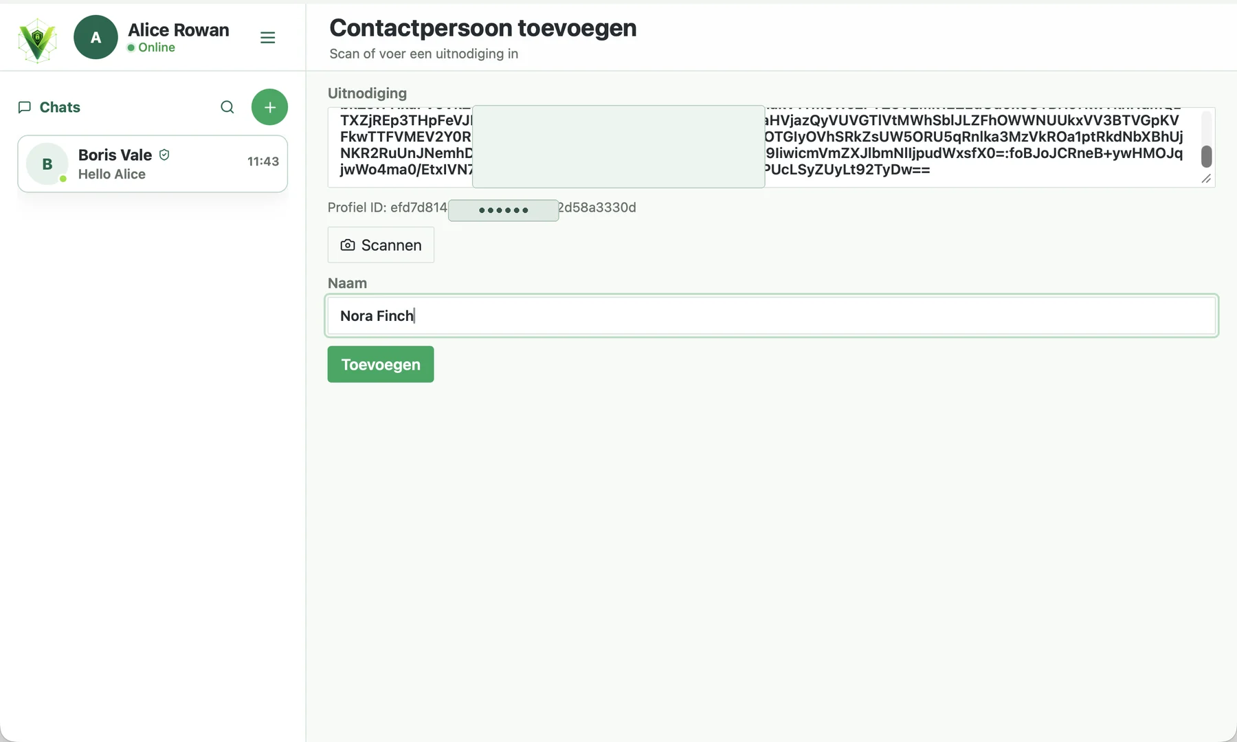 Veyra-contact-scherm met een gedeeltelijk verborgen uitnodiging en profiel-ID