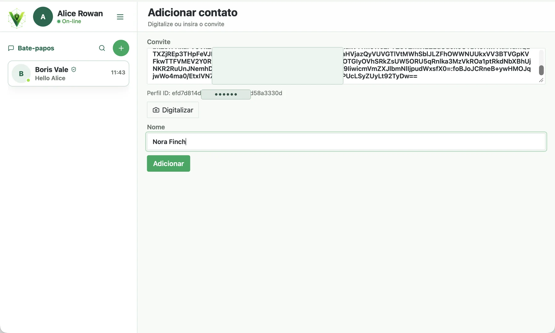 Ecrã para adicionar um contato Veyra com um convite parcialmente oculto e um ID de perfil