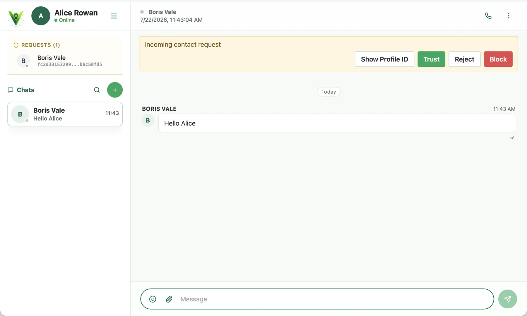 Incoming contact request in Veyra with Accept, Disable and Block buttons