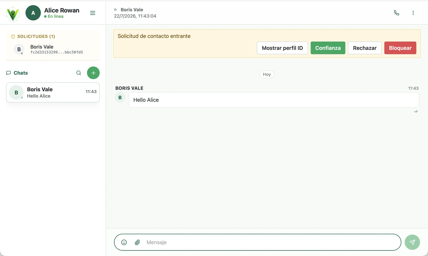 Una solicitud de contacto de entrada en Veyra con los botones Acceptar, Declinar y Bloquear