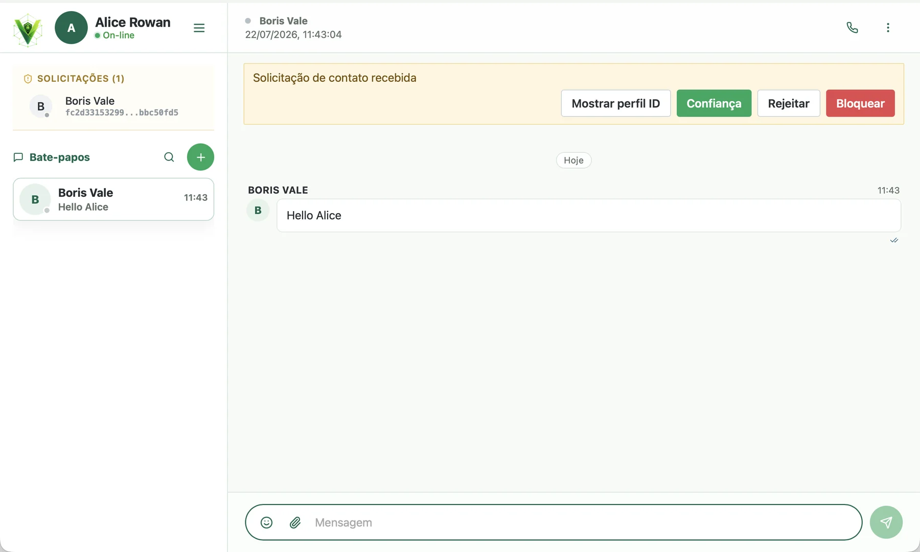 Uma solicitação de contato de entrada no Veyra com os botões Aceitar, Desativar e Bloquear
