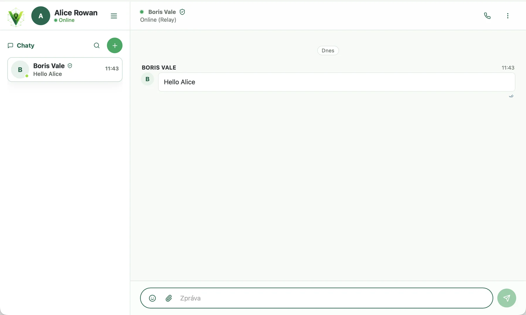 Připojený chat Veyra se zeleným statusem v síti a směrem Relay